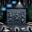 Illustration eines großen digitalen Datentresors in dunkler IT-Umgebung mit Sicherheitswarnungen, Codezeilen, veralteten Geräten und gescheiterten Einbruchversuchen.