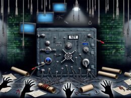 Illustration eines großen digitalen Datentresors in dunkler IT-Umgebung mit Sicherheitswarnungen, Codezeilen, veralteten Geräten und gescheiterten Einbruchversuchen.
