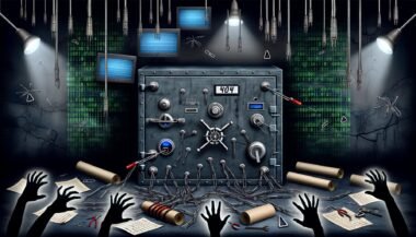 Illustration eines großen digitalen Datentresors in dunkler IT-Umgebung mit Sicherheitswarnungen, Codezeilen, veralteten Geräten und gescheiterten Einbruchversuchen.