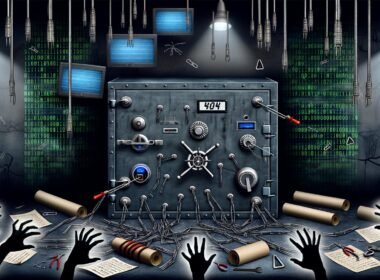 Illustration eines großen digitalen Datentresors in dunkler IT-Umgebung mit Sicherheitswarnungen, Codezeilen, veralteten Geräten und gescheiterten Einbruchversuchen.
