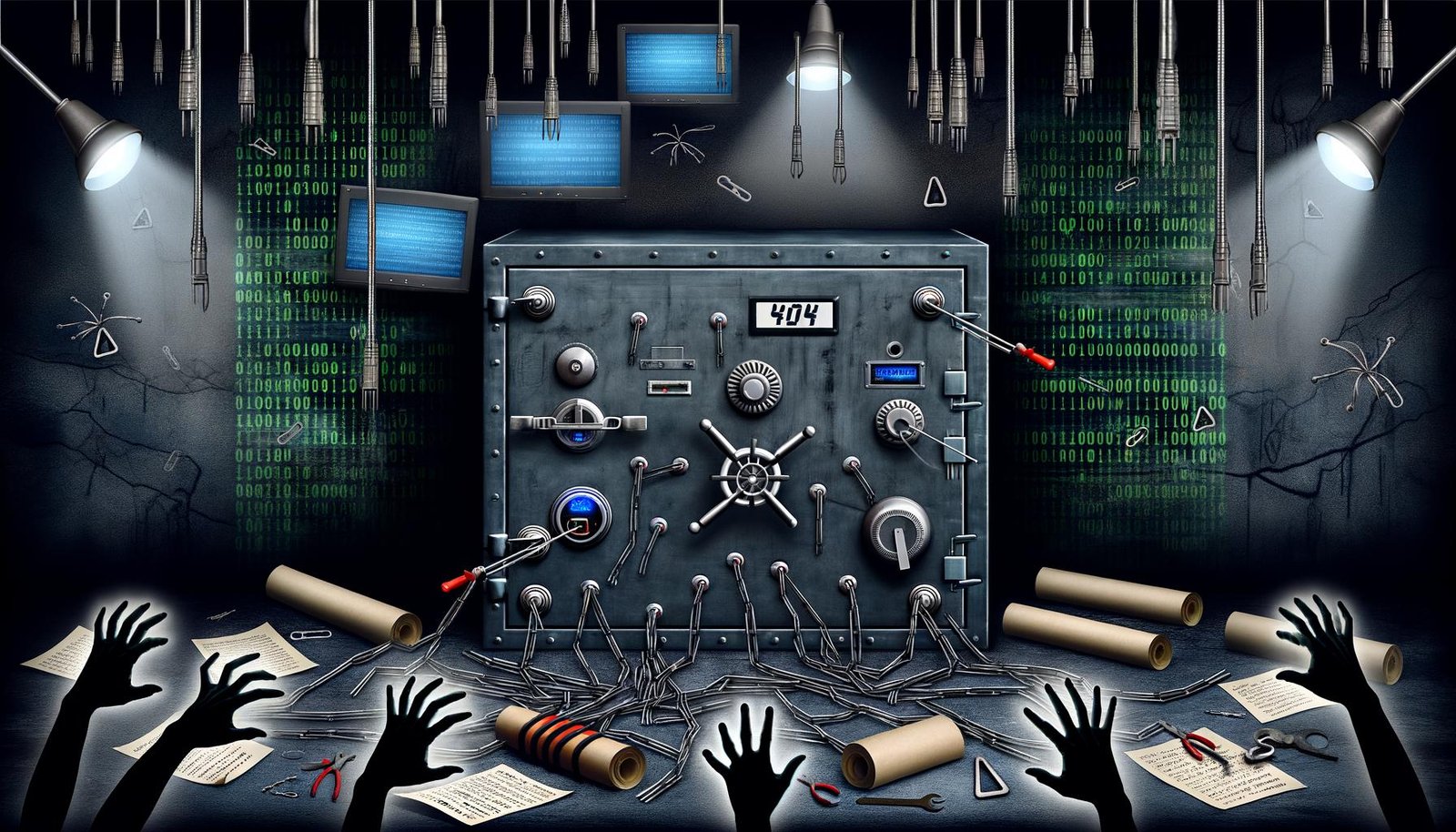Illustration eines großen digitalen Datentresors in dunkler IT-Umgebung mit Sicherheitswarnungen, Codezeilen, veralteten Geräten und gescheiterten Einbruchversuchen.
