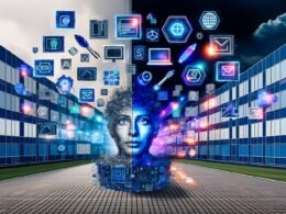 Abstrahierter Mensch inmitten von modernen Marketing-Technologien, Datenströmen und klassischen Kreativ-Tools, unter modularen Screens, vor leuchtendem Digital-Campus.
