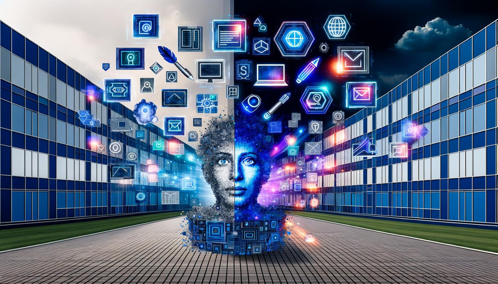 Abstrahierter Mensch inmitten von modernen Marketing-Technologien, Datenströmen und klassischen Kreativ-Tools, unter modularen Screens, vor leuchtendem Digital-Campus.