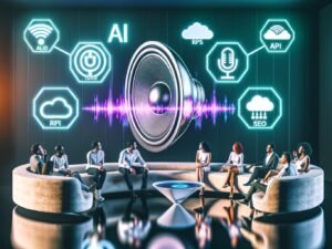 Wohnzimmer im Jahr 2025 mit Sonos-Lautsprecher, futuristischen Hologrammen für KI, Cloud, SEO und Voice Search, entspannte Menschen auf Sofa und grafischen Soundkurven an der Wand