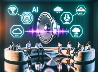 Wohnzimmer im Jahr 2025 mit Sonos-Lautsprecher, futuristischen Hologrammen für KI, Cloud, SEO und Voice Search, entspannte Menschen auf Sofa und grafischen Soundkurven an der Wand