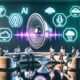 Wohnzimmer im Jahr 2025 mit Sonos-Lautsprecher, futuristischen Hologrammen für KI, Cloud, SEO und Voice Search, entspannte Menschen auf Sofa und grafischen Soundkurven an der Wand