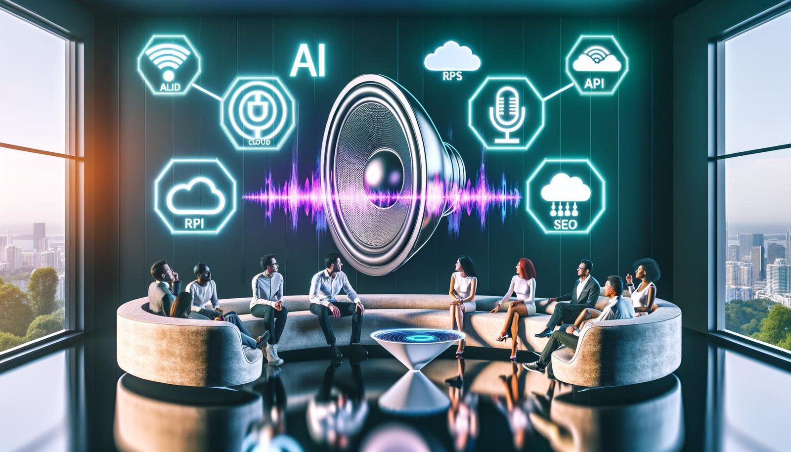 Wohnzimmer im Jahr 2025 mit Sonos-Lautsprecher, futuristischen Hologrammen für KI, Cloud, SEO und Voice Search, entspannte Menschen auf Sofa und grafischen Soundkurven an der Wand