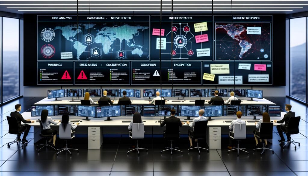 Moderne, professionelle Büroszene mit diversen Mitarbeitern an großen Monitoren, Sicherheits-Dashboards, Whiteboard mit IT-Prozessen und leuchtenden digitalen Netzwerken im Hintergrund.