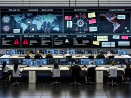 Moderne, professionelle Büroszene mit diversen Mitarbeitern an großen Monitoren, Sicherheits-Dashboards, Whiteboard mit IT-Prozessen und leuchtenden digitalen Netzwerken im Hintergrund.