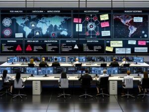 Moderne, professionelle Büroszene mit diversen Mitarbeitern an großen Monitoren, Sicherheits-Dashboards, Whiteboard mit IT-Prozessen und leuchtenden digitalen Netzwerken im Hintergrund.
