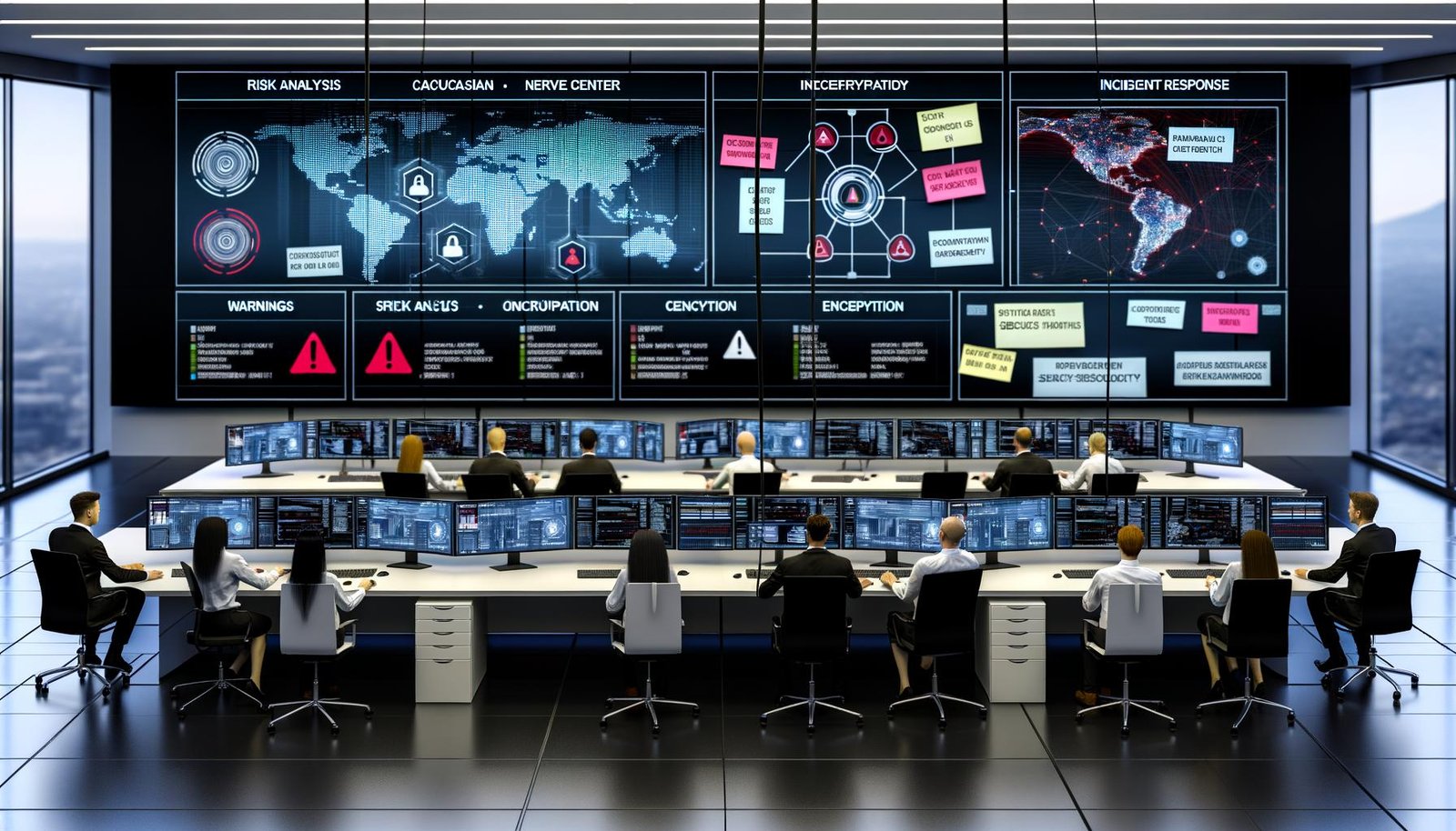 Moderne, professionelle Büroszene mit diversen Mitarbeitern an großen Monitoren, Sicherheits-Dashboards, Whiteboard mit IT-Prozessen und leuchtenden digitalen Netzwerken im Hintergrund.