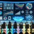 Hochmodernes Dashboard-Interface mit Echtzeitdaten in einer Marketing-Kommandozentrale. Diverse Marketers und Analysten sitzen vor Laptops, während holografische Diagramme zwischen ihnen projiziert werden.