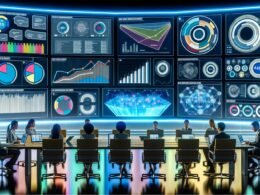 Hochmodernes Dashboard-Interface mit Echtzeitdaten in einer Marketing-Kommandozentrale. Diverse Marketers und Analysten sitzen vor Laptops, während holografische Diagramme zwischen ihnen projiziert werden.