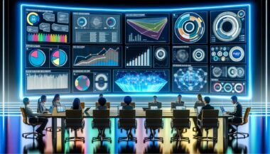 Hochmodernes Dashboard-Interface mit Echtzeitdaten in einer Marketing-Kommandozentrale. Diverse Marketers und Analysten sitzen vor Laptops, während holografische Diagramme zwischen ihnen projiziert werden.
