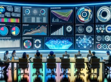 Hochmodernes Dashboard-Interface mit Echtzeitdaten in einer Marketing-Kommandozentrale. Diverse Marketers und Analysten sitzen vor Laptops, während holografische Diagramme zwischen ihnen projiziert werden.