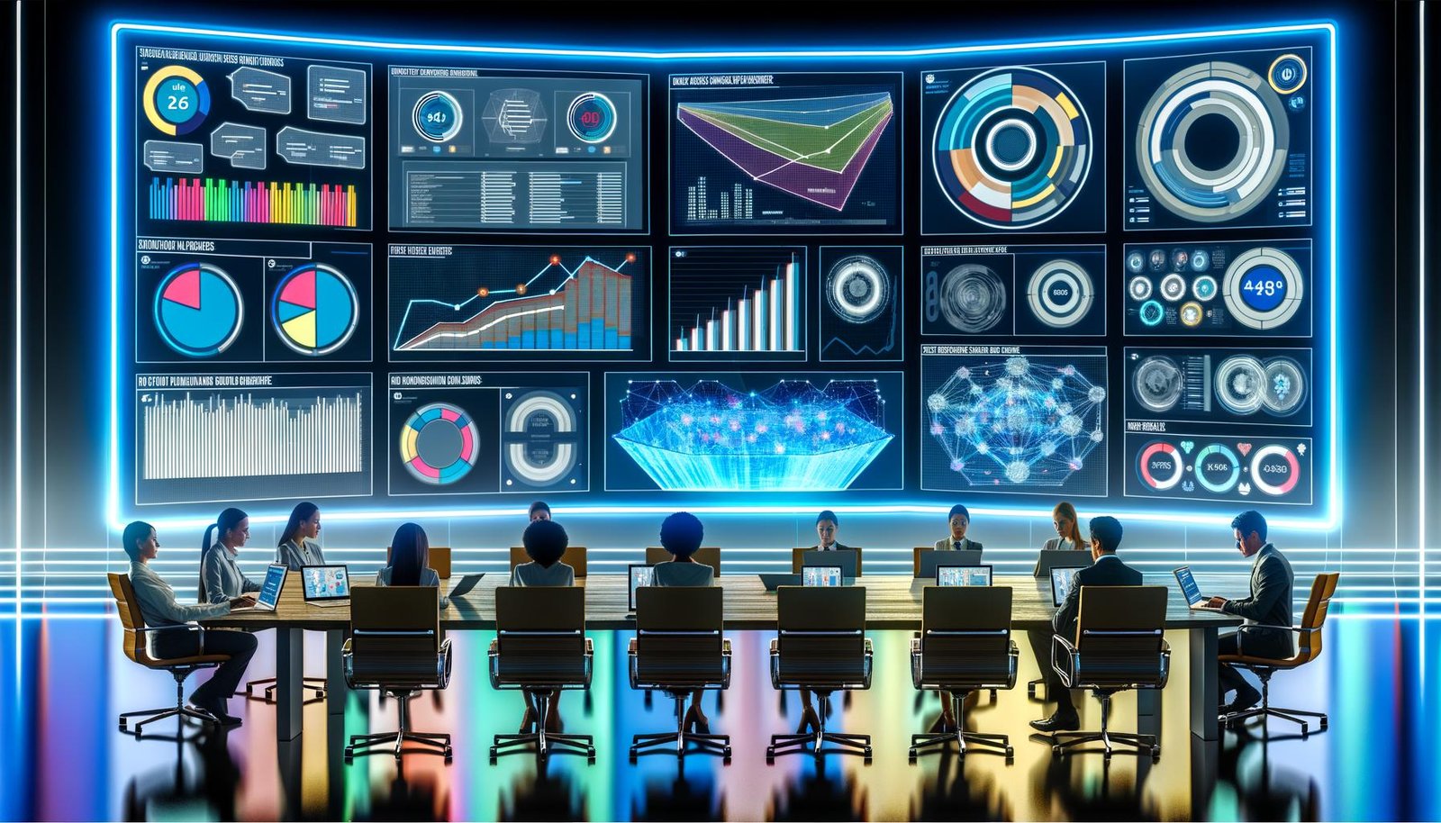 Hochmodernes Dashboard-Interface mit Echtzeitdaten in einer Marketing-Kommandozentrale. Diverse Marketers und Analysten sitzen vor Laptops, während holografische Diagramme zwischen ihnen projiziert werden.