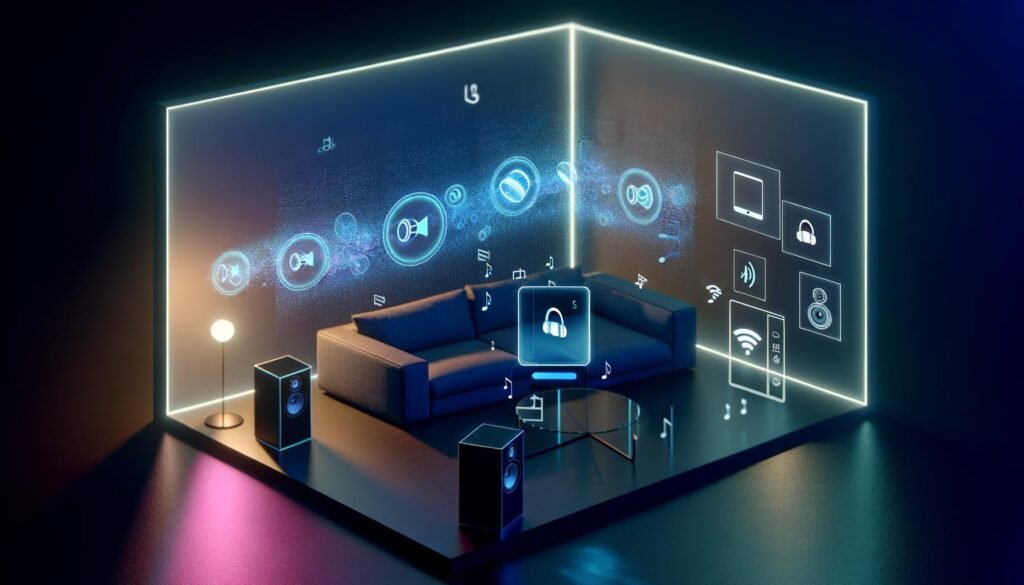Modernes, futuristisches Wohnzimmer mit Sonos-Lautsprechern, Wearables wie Kopfhörern, schwebendem digitalem Layer mit Audiowellen und vernetzten Smart-Geräten im coolen Ambient-Licht.