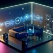 Modernes, futuristisches Wohnzimmer mit Sonos-Lautsprechern, Wearables wie Kopfhörern, schwebendem digitalem Layer mit Audiowellen und vernetzten Smart-Geräten im coolen Ambient-Licht.
