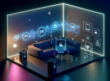 Modernes, futuristisches Wohnzimmer mit Sonos-Lautsprechern, Wearables wie Kopfhörern, schwebendem digitalem Layer mit Audiowellen und vernetzten Smart-Geräten im coolen Ambient-Licht.