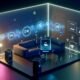 Modernes, futuristisches Wohnzimmer mit Sonos-Lautsprechern, Wearables wie Kopfhörern, schwebendem digitalem Layer mit Audiowellen und vernetzten Smart-Geräten im coolen Ambient-Licht.