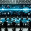 IT-Fachkräfte diskutieren an einem Hightech-Tisch mit leuchtenden Daten, Sicherheits- und Netzwerksymbolen in moderner, von Cybersecurity geprägter Büroatmosphäre.