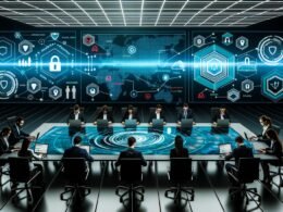 IT-Fachkräfte diskutieren an einem Hightech-Tisch mit leuchtenden Daten, Sicherheits- und Netzwerksymbolen in moderner, von Cybersecurity geprägter Büroatmosphäre.