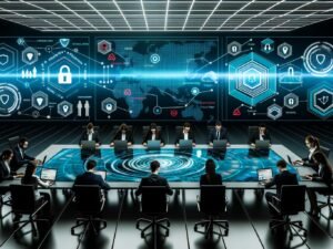 IT-Fachkräfte diskutieren an einem Hightech-Tisch mit leuchtenden Daten, Sicherheits- und Netzwerksymbolen in moderner, von Cybersecurity geprägter Büroatmosphäre.