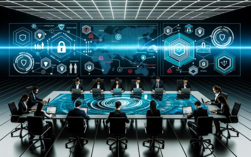 IT-Fachkräfte diskutieren an einem Hightech-Tisch mit leuchtenden Daten, Sicherheits- und Netzwerksymbolen in moderner, von Cybersecurity geprägter Büroatmosphäre.