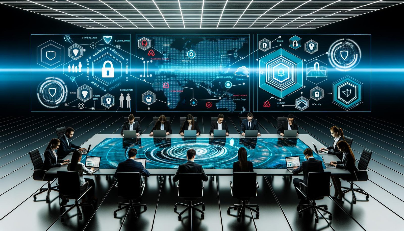 IT-Fachkräfte diskutieren an einem Hightech-Tisch mit leuchtenden Daten, Sicherheits- und Netzwerksymbolen in moderner, von Cybersecurity geprägter Büroatmosphäre.
