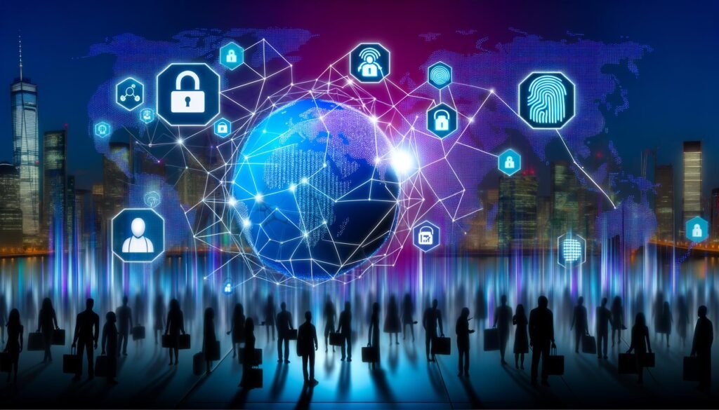 Futuristische Nacht-Stadt mit globalem Netzwerk, Menschen mit digitalen Wallets, stilisierte Weltkugel und Identitäts-Symbole in kühlen Blau- und Violetttönen.
