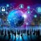 Futuristische Nacht-Stadt mit globalem Netzwerk, Menschen mit digitalen Wallets, stilisierte Weltkugel und Identitäts-Symbole in kühlen Blau- und Violetttönen.