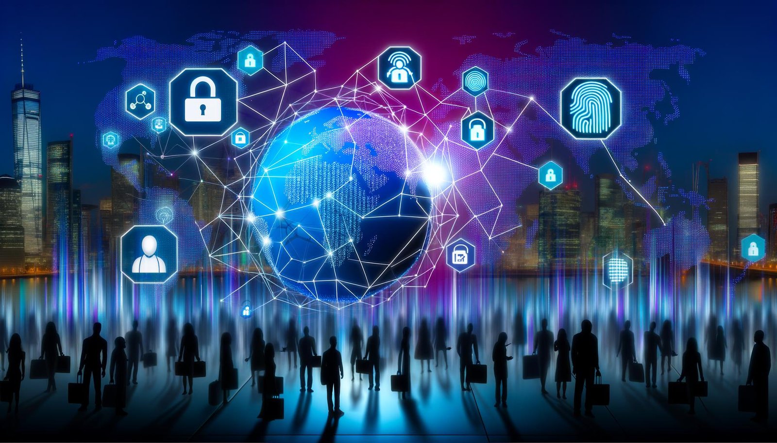 Futuristische Nacht-Stadt mit globalem Netzwerk, Menschen mit digitalen Wallets, stilisierte Weltkugel und Identitäts-Symbole in kühlen Blau- und Violetttönen.