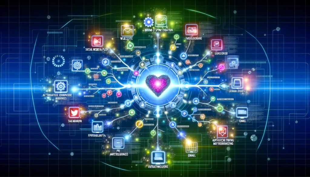 Futuristische Illustration eines Brand Storytelling Distribution Netzwerks mit zentralem, leuchtenden Markenkern, digitalen Kanälen, Icons für Social Media, E-Mail, PR und technischen Zahnrädern in kontrastreichen Farben.