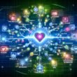 Futuristische Illustration eines Brand Storytelling Distribution Netzwerks mit zentralem, leuchtenden Markenkern, digitalen Kanälen, Icons für Social Media, E-Mail, PR und technischen Zahnrädern in kontrastreichen Farben.