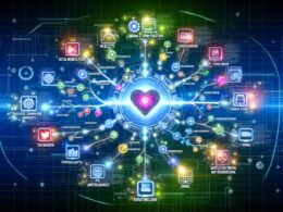 Futuristische Illustration eines Brand Storytelling Distribution Netzwerks mit zentralem, leuchtenden Markenkern, digitalen Kanälen, Icons für Social Media, E-Mail, PR und technischen Zahnrädern in kontrastreichen Farben.