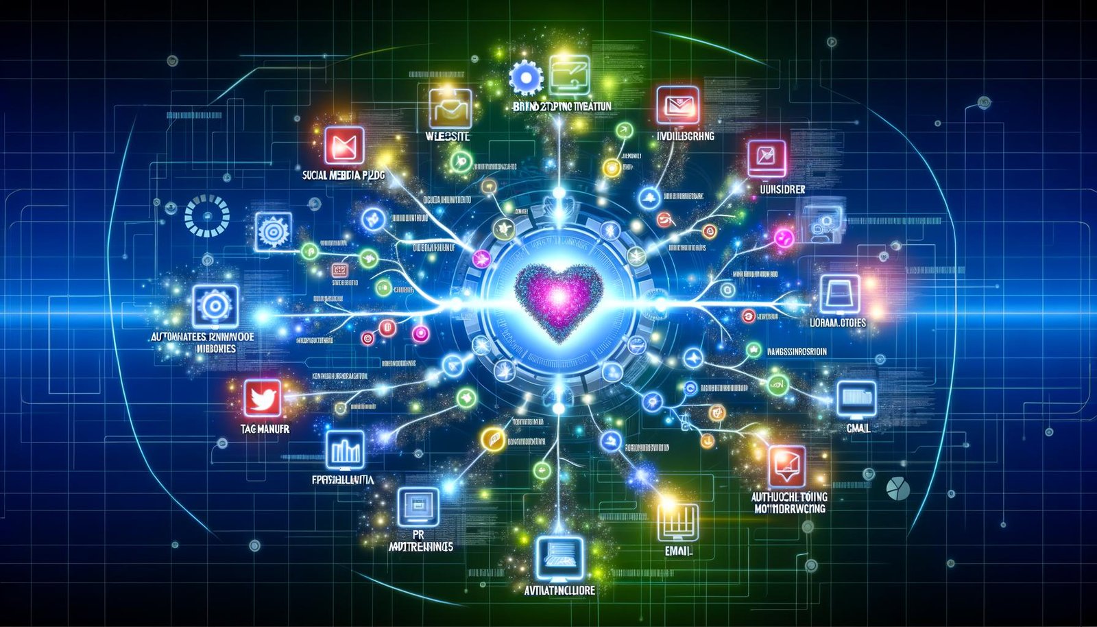 Futuristische Illustration eines Brand Storytelling Distribution Netzwerks mit zentralem, leuchtenden Markenkern, digitalen Kanälen, Icons für Social Media, E-Mail, PR und technischen Zahnrädern in kontrastreichen Farben.