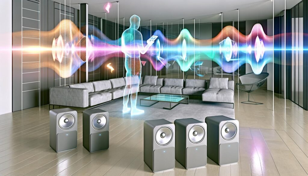 Futuristisches Wohnzimmer mit neutralen Möbeln, verteilten Sonos-Speakern und sichtbaren bunten Klangwellen, die sich an eine gehende Person mit Smartphone anpassen. Digitale AR-Elemente schweben an den Wänden.