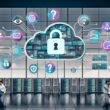 Moderne Illustration eines offenen Büros mit Serverracks, Mitarbeitern, digitalen Geräten und Symbolen für Datensicherheit und Datenschutz.