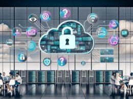 Moderne Illustration eines offenen Büros mit Serverracks, Mitarbeitern, digitalen Geräten und Symbolen für Datensicherheit und Datenschutz.