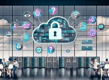 Moderne Illustration eines offenen Büros mit Serverracks, Mitarbeitern, digitalen Geräten und Symbolen für Datensicherheit und Datenschutz.