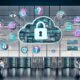 Moderne Illustration eines offenen Büros mit Serverracks, Mitarbeitern, digitalen Geräten und Symbolen für Datensicherheit und Datenschutz.