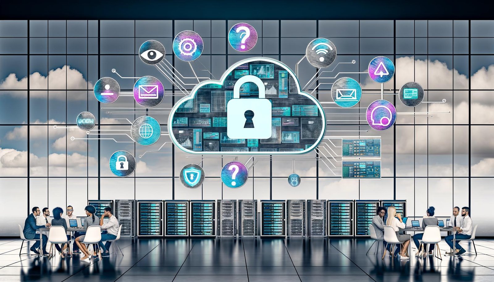 Moderne Illustration eines offenen Büros mit Serverracks, Mitarbeitern, digitalen Geräten und Symbolen für Datensicherheit und Datenschutz.