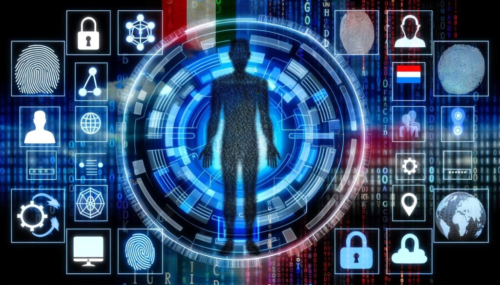 Futuristische Collage einer menschlichen Silhouette aus digitalen Daten, Avataren, Logins, biometrischen Mustern, Blockchain- und Cloud-Icons, Fingerabdruck, Passwörtern und Länder-Flaggen vor leuchtenden Codezeilen und Protokollsymbolen.