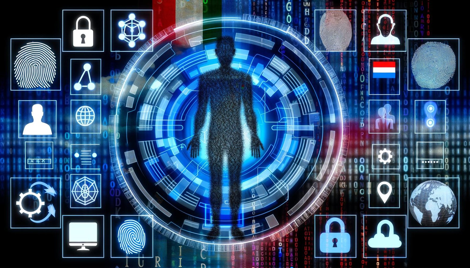 Futuristische Collage einer menschlichen Silhouette aus digitalen Daten, Avataren, Logins, biometrischen Mustern, Blockchain- und Cloud-Icons, Fingerabdruck, Passwörtern und Länder-Flaggen vor leuchtenden Codezeilen und Protokollsymbolen.