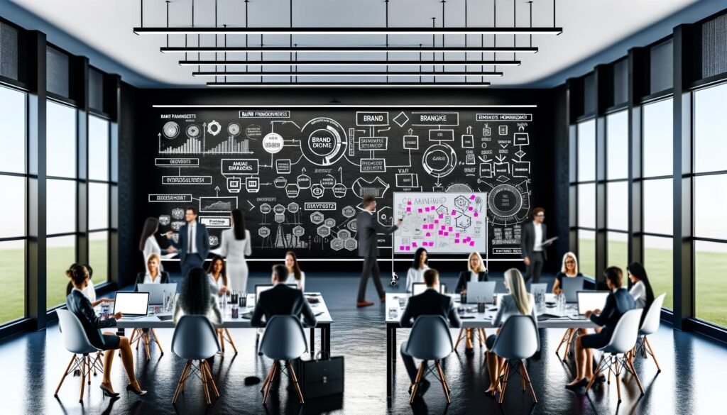Moderner Workspace mit Whiteboard, digitalen Markenframeworks, Marketers mit Tablets und Laptops, analytisches und kreatives Arbeitsumfeld.