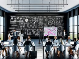 Moderner Workspace mit Whiteboard, digitalen Markenframeworks, Marketers mit Tablets und Laptops, analytisches und kreatives Arbeitsumfeld.