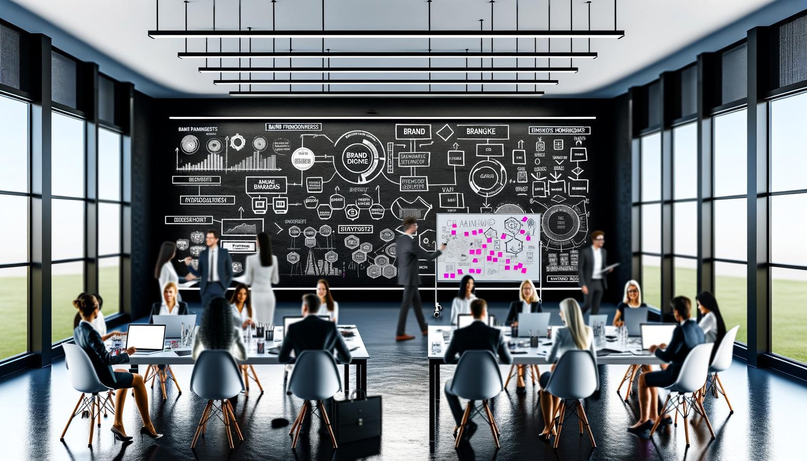 Moderner Workspace mit Whiteboard, digitalen Markenframeworks, Marketers mit Tablets und Laptops, analytisches und kreatives Arbeitsumfeld.