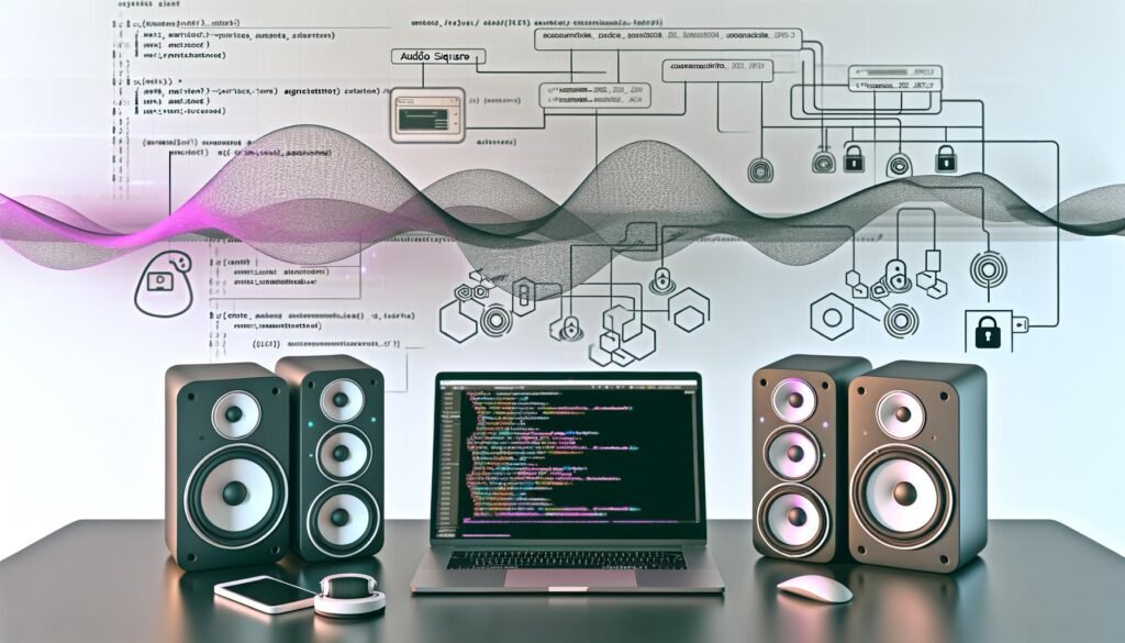 Futuristischer Schreibtisch mit modernen Sonos-Speakern, geöffnetem Code-Editor mit OAuth-Token, API-Dokumentation von Sonos und OpenAI sowie Node-RED-Flows, ergänzt durch technische Symbolik und Sicherheitsüberlagerungen in einer kühlen, professionellen Lichtstimmung.