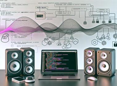 Futuristischer Schreibtisch mit modernen Sonos-Speakern, geöffnetem Code-Editor mit OAuth-Token, API-Dokumentation von Sonos und OpenAI sowie Node-RED-Flows, ergänzt durch technische Symbolik und Sicherheitsüberlagerungen in einer kühlen, professionellen Lichtstimmung.