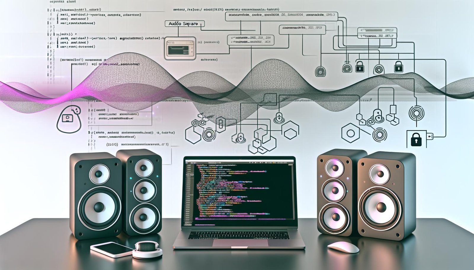Futuristischer Schreibtisch mit modernen Sonos-Speakern, geöffnetem Code-Editor mit OAuth-Token, API-Dokumentation von Sonos und OpenAI sowie Node-RED-Flows, ergänzt durch technische Symbolik und Sicherheitsüberlagerungen in einer kühlen, professionellen Lichtstimmung.